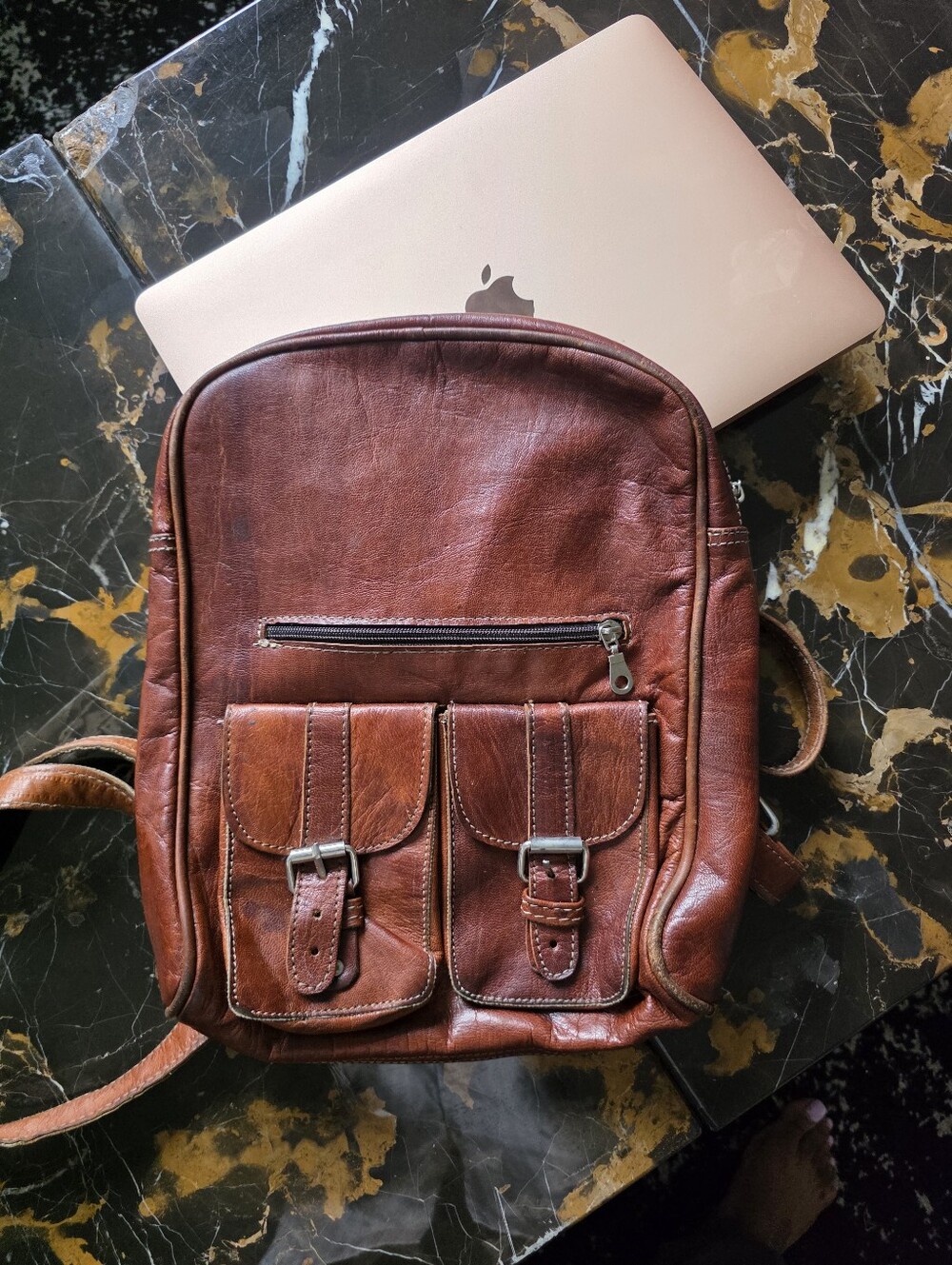 Vintage Handmade Brown Genuine Leather Rucksack Backpack 10x13x3